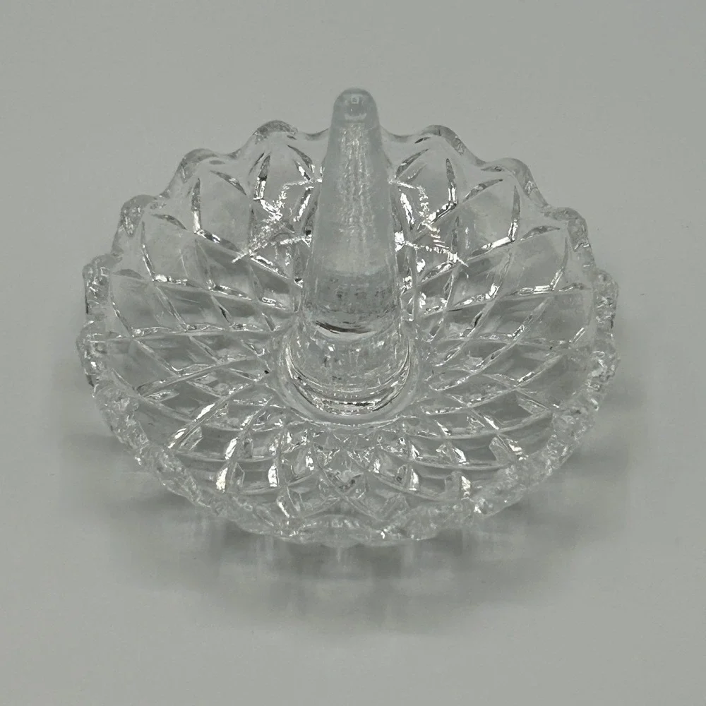 Vintage Clear Glass Thin Ring Holder Scalloped Cut Jewelry Trinket Dish MCM